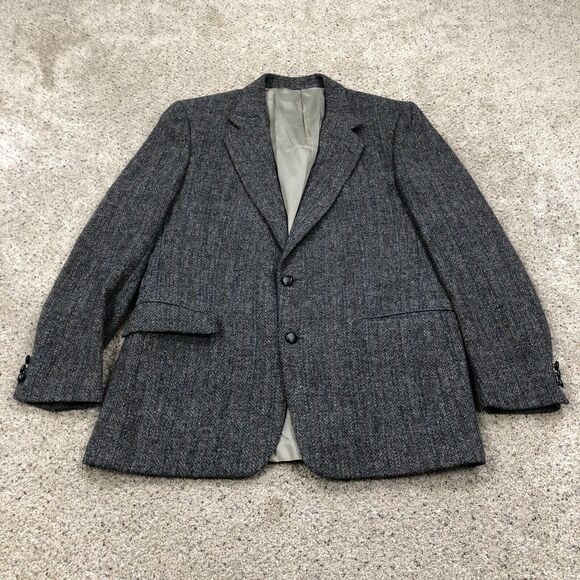 VTG Harris Tweed Blazer Mens 42R Grey 100% Scottish Wool Herringbone Sport Coat
